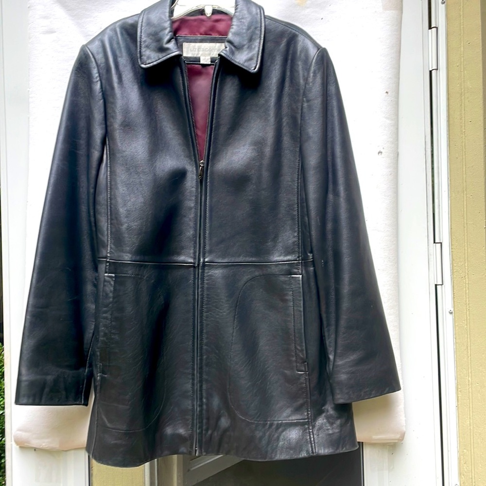 Liz Claiborne black leather jacket extra long